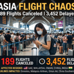 asia flight chaos 189 flights canceled 3452 delayed across uae malaysia oman china india major airlines impacted
