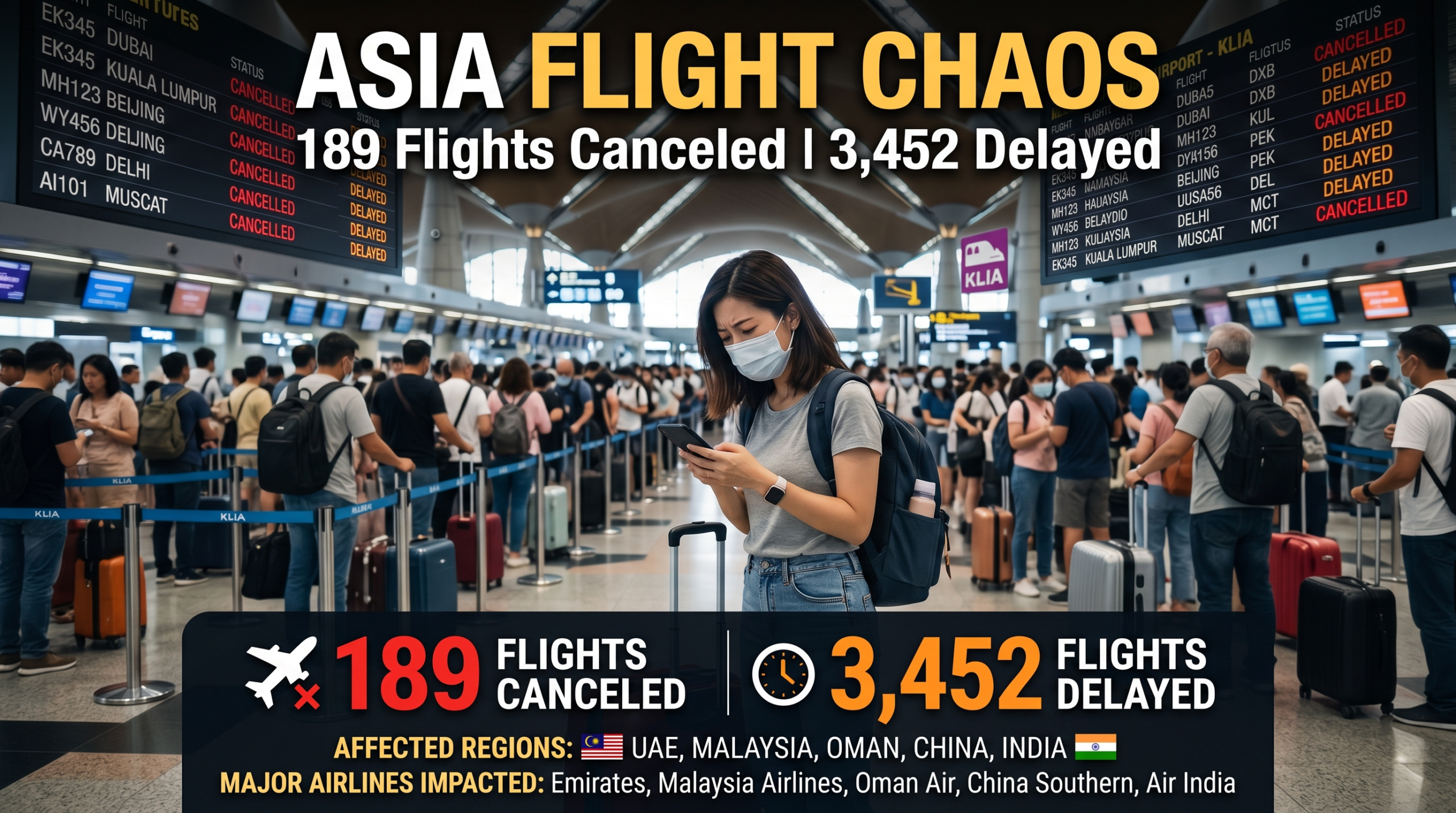 asia flight chaos 189 flights canceled 3452 delayed across uae malaysia oman china india major airlines impacted